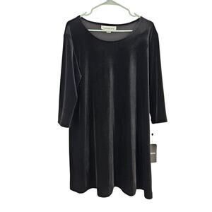 Caroline Rose Tunic Shift Dress Black Velvet Velour 3/4 Sleeve Mini NWT Size L